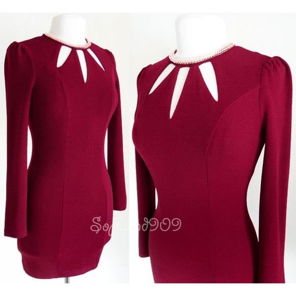 Burgundy Gold Chain High Neck Cutout Bodycon Dress - Picture 2 of 8